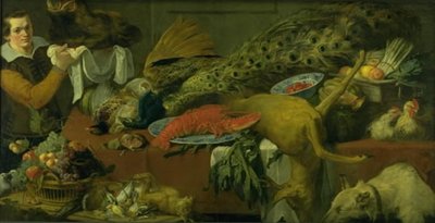 ジビエ、果物、野菜、使用人が入ったラーダー 作： Frans Snijders