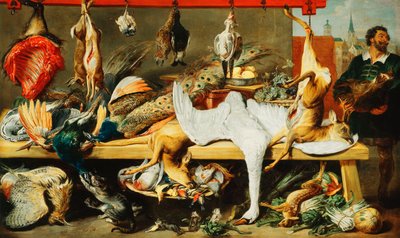 猫と子猫が遊んでいる肉屋の屋台とイノシシの頭を持っている肉屋 作： Frans Snyders or Snijders