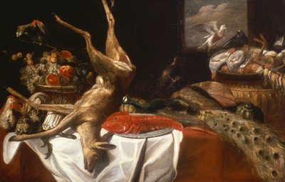 死んだ鹿と鳥、皿に盛られたロブスター、バスケットの果物と野菜 (油) 作： Frans Snyders