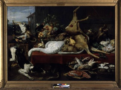 ゲーム、魚、果物、野菜の静物（キャンバスに油彩） 作： Frans Snyders