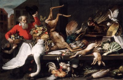 市場で死んだ獲物、果物、野菜のある静物 作： Frans Snyders