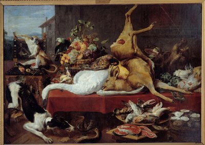 鹿のいる静物 狩猟（キジ、ガチョウ、鹿）、魚の切り身、カニ、豆類 フランス・スナイダーズ（1579-1657）の絵 作： Frans Snyders