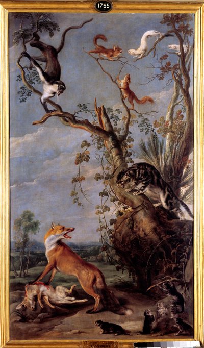 ネコとキツネ ジャン・ド・ラ・フォンテーヌの寓話の挿絵。フランス・スナイダーズ（1579-1657）による絵画（ec.flam.） 17世紀 マドリード、プラド美術館 作： Frans Snyders