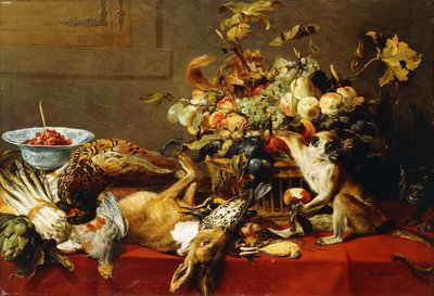 死んだゲームとサルがいるドレープされたテーブルの上のフルーツのバスケット、 作： Frans Snyders or Snijders