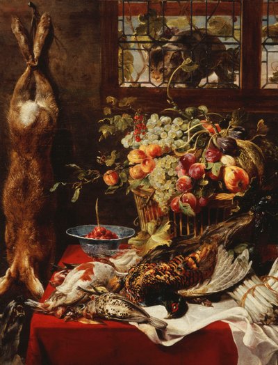 果物、ゲーム、窓辺の猫のある静物 作： Frans Snyders or Snijders
