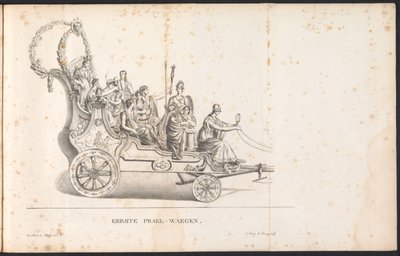 1825 年、聖ロンブーの行列の最初の山車 最初の Prael-waegen (オブジェクトのタイトル) 作： Frans Vervloet