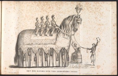 1825年、サン・ロンバウトの行列のフロートとしてのロス・カリヨン Het Ros-Bayard または Four Brothers Peerd (オブジェクトのタイトル) 作： Frans Vervloet