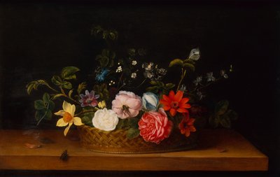 棚の上の昆虫とバスケットの花 (油) 作： Frans Ykens