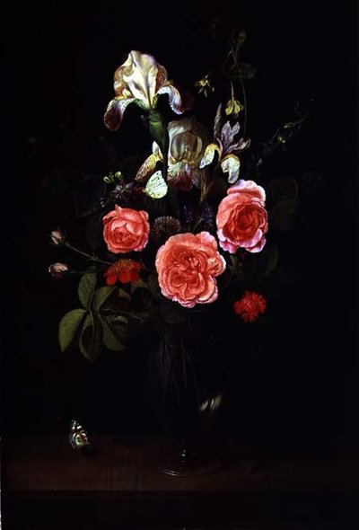 ガラスの花瓶に入った花と、棚に飾られた蝶々 作： Frans Ykens