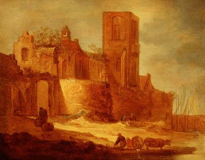 水路のそばに廃墟となった修道院があり、その前には農民や牛がいる 作： Frans de Hulst