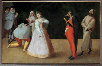 コメディア・デラルテ「芸人イザベル・アンドレーニ（1564-1602）とパリのジェローシたち」 フラン・フランケン1世（1542-1616）の絵画 16世紀。パリ、カルナヴァレ美術館 作： Frans the Elder Francken