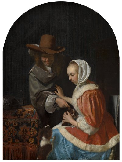 「犬をからかう」として知られる2匹の犬を持つ男女1660 作： Frans van Mieris
