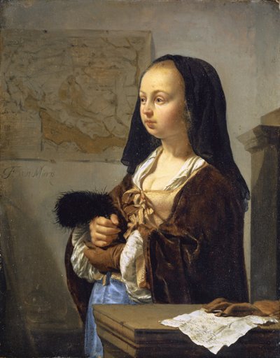 外出する準備ができている羽のファンを持つ若い女性、1657-59 作： Frans van Mieris