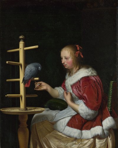 赤いジャケットを着た女性がオウムに餌を与える図 1663年頃 作： Frans van Mieris the Elder