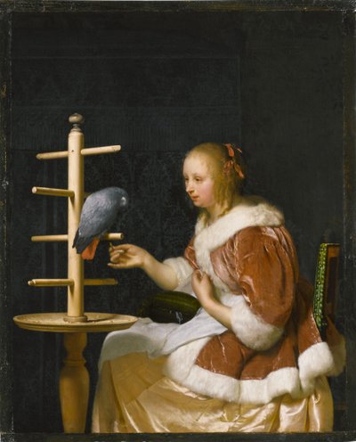 オウムに餌をやる若い女性、1663年。 作： Frans van Mieris the Elder