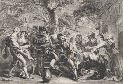 酒場の外のドン・キホーテとラ・サンタ・ヘルマンダッドの軍隊、カリフォルニア州。 1635-79。 作： Frans van den Wyngaerde