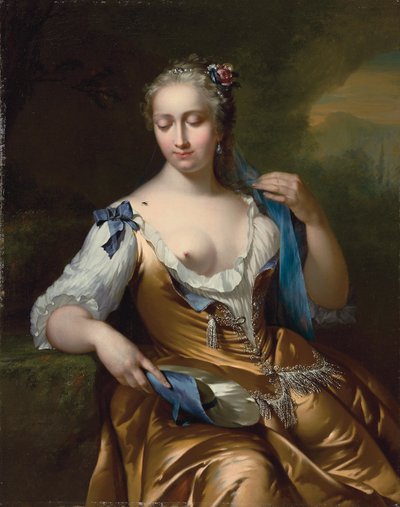 肩にハエがいる風景の女性：接触の寓話、1742 作： Frans van der Mijn