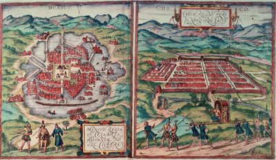 Carl Nebelの「Voyage Pittoresque」からのメキシコのメキシコシティとペルーのクスコシティの平面図（カラー彫刻）（141102を参照） 作： Franz (after) Hogenberg