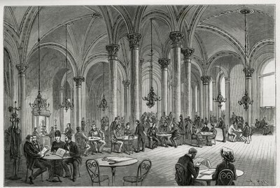 ウィーン（オーストリア）の中央カフェ。1881年にエドゥアール・シャルトン（1807-1890）の指揮のもと『Tour du monde』誌に掲載されたM.ニューリンスキ著の『Vienna and its suburbs』の挿絵としてコラールツが描いたもの。 作： Franz (after) Kollarz