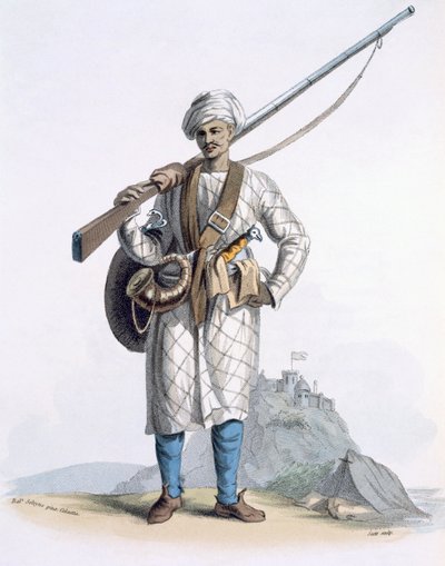 BehaleeaまたはHinduの兵士、E。Ormeによる「Costumes of India」から、1804（カラーエッチング） 作： Franz Balthazar Solvyns