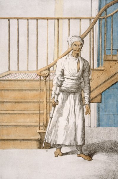 メイスベアラー、「ヒンズー教徒、または彼らの作法、衣装、儀式の説明」、c.1808-12（カラーエッチング）から 作： Franz Balthazar Solvyns
