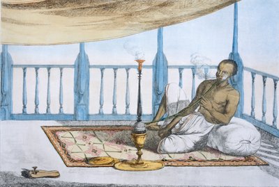 ハシシやアヘン、パブの水ギセルを吸う男。 1808-12。 作： Franz Balthazar Solvyns