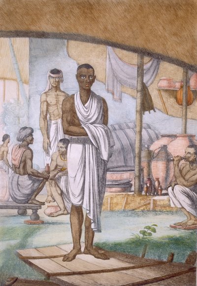「ヒンドゥー教徒、またはその作法、衣装、儀式の説明」のワインメーカーとディーラー、c.1808-12（カラーエッチング） 作： Franz Balthazar Solvyns