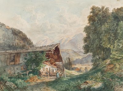 農家と噴水のあるアルプスの風景 作： Franz Barbarini