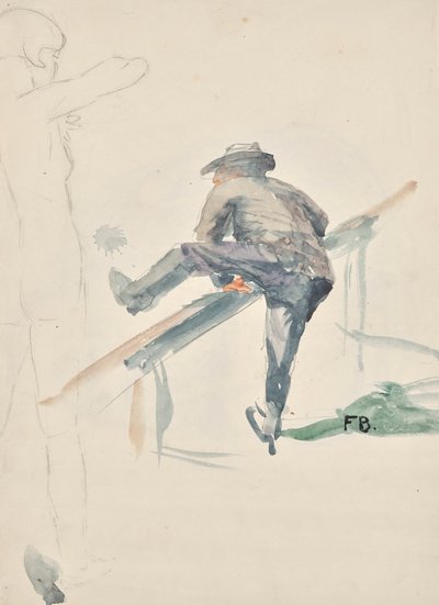 手すりを乗り越える男と裸の女の子の輪郭 作： Franz Barwig d. Ä.