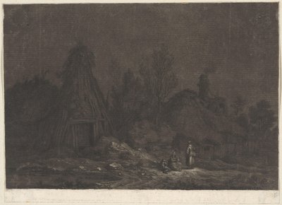 小屋の前に人物がいる月明かりのシーン XII Vues de la Normandie (シリーズタイトル) 作： Franz Edmund Weirotter