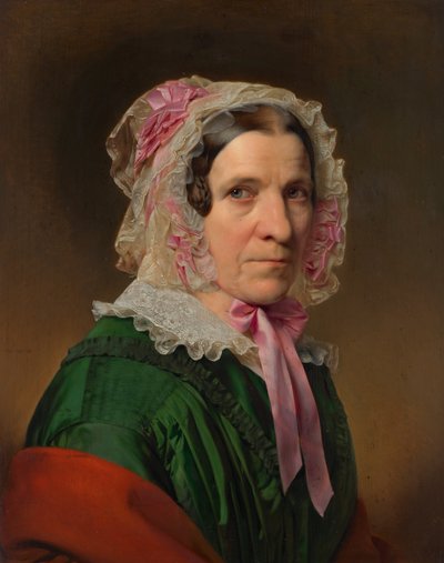 レースのボンネットとピンクのリボンを持つ年配の女性の肖像画 作： Franz Eybl