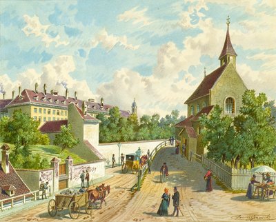サプライハウス「Zum Blauen Herrgott」と「Krawoten-Kapelle」のあるウィーンのWähringer Strasse 作： Franz Gerasch
