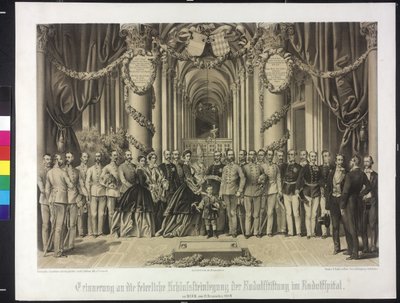 1864年、ルドルフ病院にてルドルフ財団の墓石を据える儀式での思い出（リトグラフ） 作： Franz Gerasch
