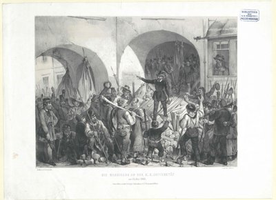 k.k.大学でのバリケード（1848年5月26日）。1848年5月（リトグラフ） 作： Franz Gerasch