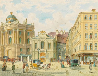 ウィーンの古いブルク劇場 - フランツ ゲラッシュ (1826-1906)。 紙に水彩、1900年代初頭。 寸法：23x29cm。 プライベートコレクション 作： Franz Gerasch
