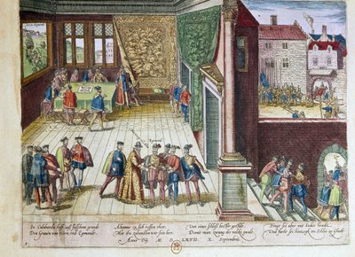 スペイン王フィリップ2世（1527-1598）に対抗したエグモント伯爵ラモラル（1522-1568）とホルネス伯爵フィリップ・ド・モンモランシー（1524-1568）が逮捕される。彼らは1568年に処刑された（右上） 1653年 Fによるプリント 作： Franz Hogenberg
