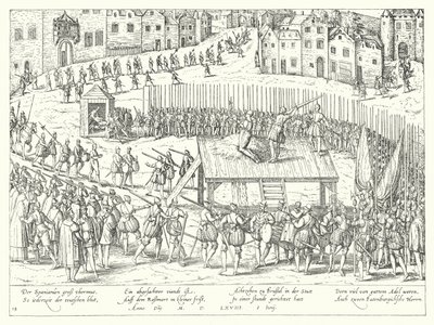 ブリュッセルでのエグモント伯爵とホーン伯爵の処刑、1568 作： Franz Hogenberg