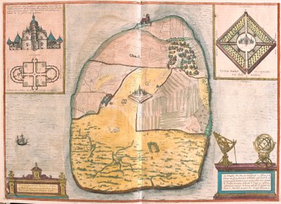 ヴェン島とウラニエンボルグ、この島にあったティコ・ブラエの宮殿と天文台、スンドに（彫刻 作： Franz Hogenberg