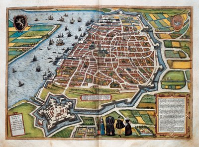 アントワープの地図、「Civitates orbis terrarum」より（彩色済み彫刻）。 作： Franz Hogenberg