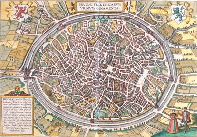 ベルギー、ブルージュ（ブルガエ）の地図（エッチング 作： Franz Hogenberg