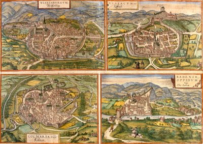 ドイツのヴァイセンブルク(Wissenburgum)、フランスのルファック(Rubeacum)とコルマール(Colmaria)、スイスのバーデン(Baden)の地図(エッチング) 作： Franz Hogenberg