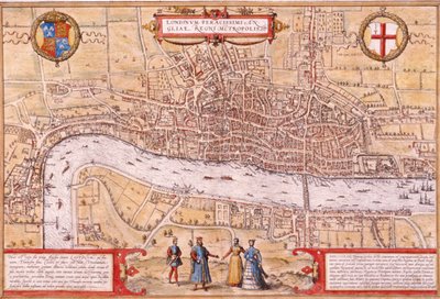 ロンドン市の地図、サザークとウェストミンスターの一部、1572 年 作： Franz Hogenberg