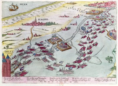 1573年の海の乞食とスペイン人の間のハーグ沿岸の海軍戦闘（色の彫刻） 作： Franz Hogenberg