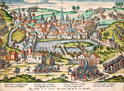 教皇派がポワチエを包囲した1569年7月、フランツ・ホーゲンベルグ（1535-1590）の彫刻、宗教戦争、フランス 作： Franz Hogenberg