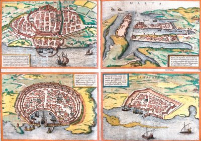 イタリア・サルデーニャ島のカリアリ（カラリス）、マルタ島のマルタ、ロードス島のロードス、キプロス島のファマグスタ（ファマウグスタ）の平面図（銅版画 作： Franz Hogenberg