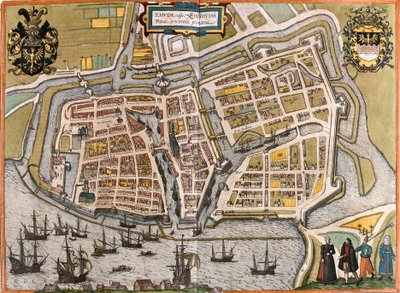 ドイツ、エムデン（エムダ）の平面図（銅版画 作： Franz Hogenberg