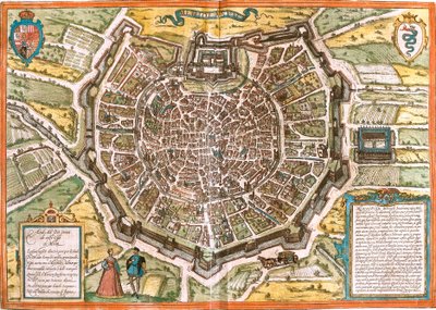 イタリア・ミラノ（メディオラヌム）の平面図（銅版画 作： Franz Hogenberg