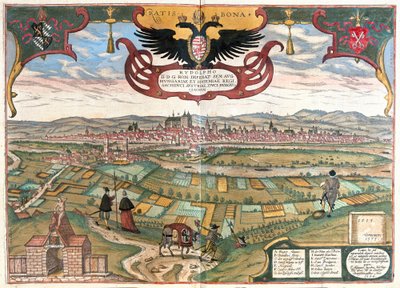 皇帝ルドルフ2世の紋章を持つレーゲンスブルク（ドイツ 作： Franz Hogenberg
