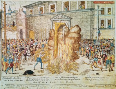 宗教戦争：1559年12月23日、パリのグレーブ広場でフランスのプロテスタント判事アンヌ・デュ・ブール（1521-1559）が処刑される" 作： Franz Hogenberg