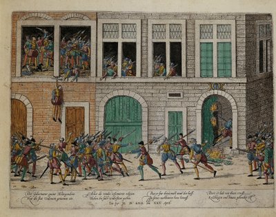 ラ・モット＝ゴンドラン総督の絞首刑後のヴァランスの撮影（4月25日 作： Franz Hogenberg